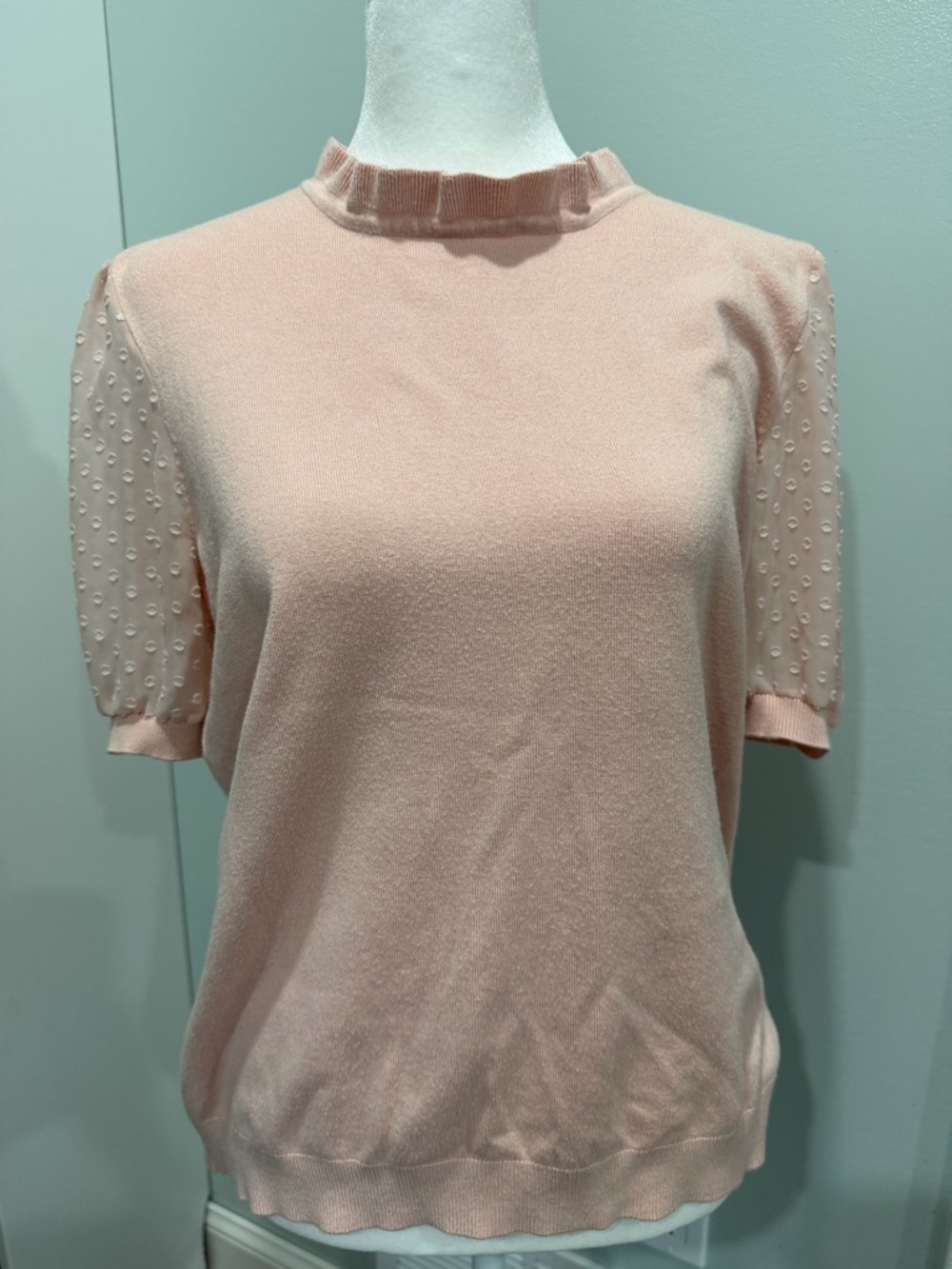 Adrianna Papell Clip Dot Puff Sleeve Twofer Blouse Pink Apricot Size Large